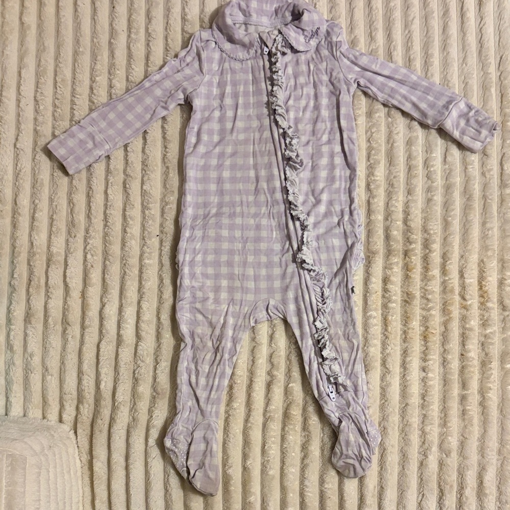🚨Caden Lane🚨 Lavender Gingham Ruffle Butt Footie Monogrammed “Evelyn”